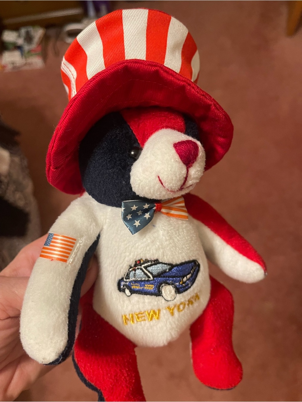 Patriotic Red, White & Blue Beanie Bear with American Flag & Police Car